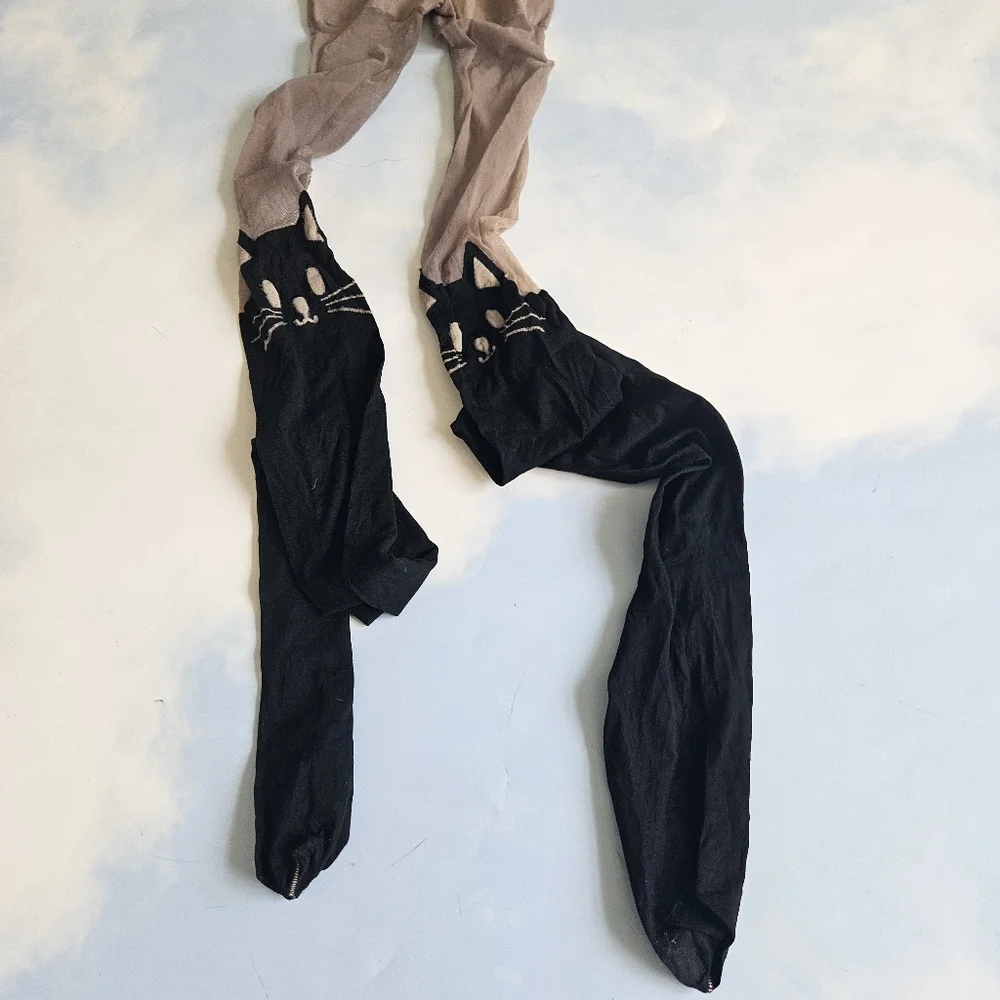 Black & Tan Skin Tone Cat Face Print Stockings Cat Tights